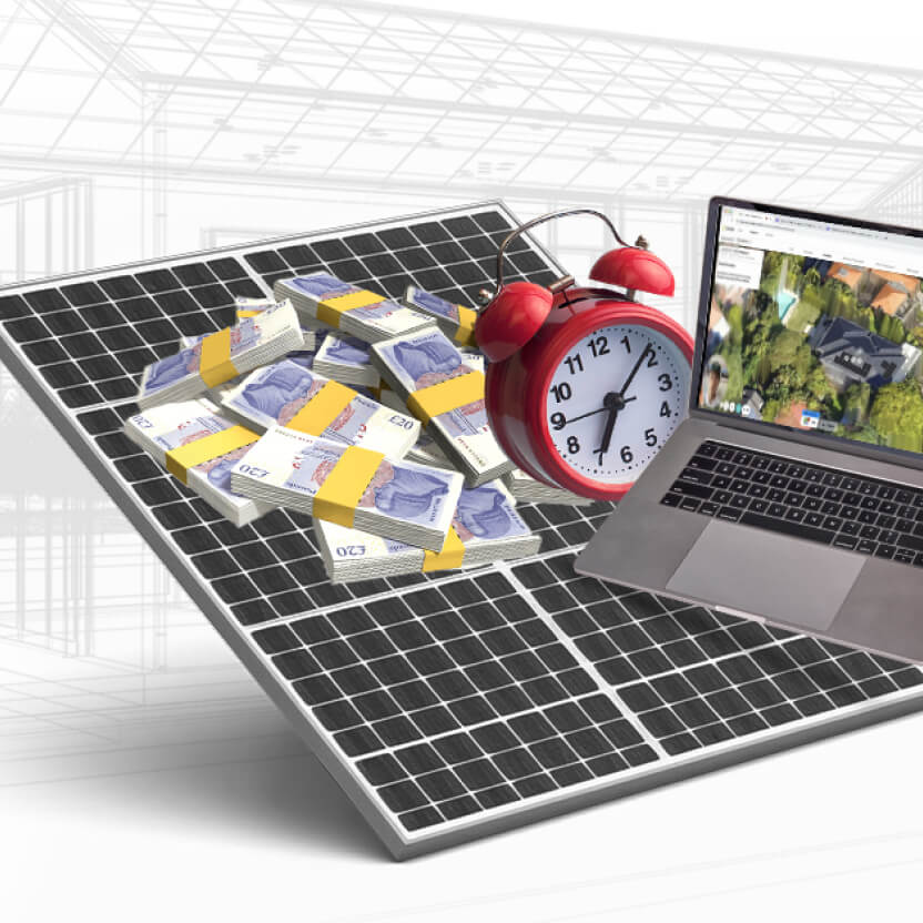 solar panel with money pile, clock and laptop