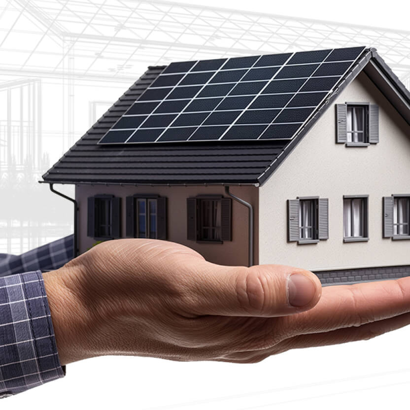 hands holding a model house with solar panels