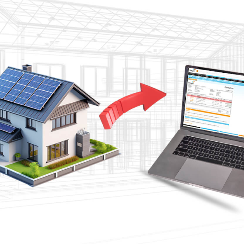 house with solar panels, arrow and a laptop